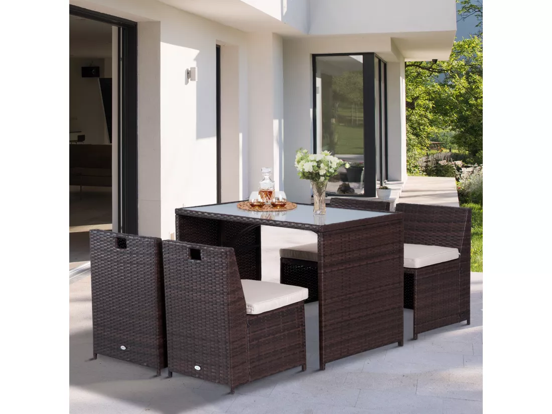 Ensemble salon de jardin encastrable 4 chaises monoblocs avec coussins déhoussables et table résine tressée chocolat