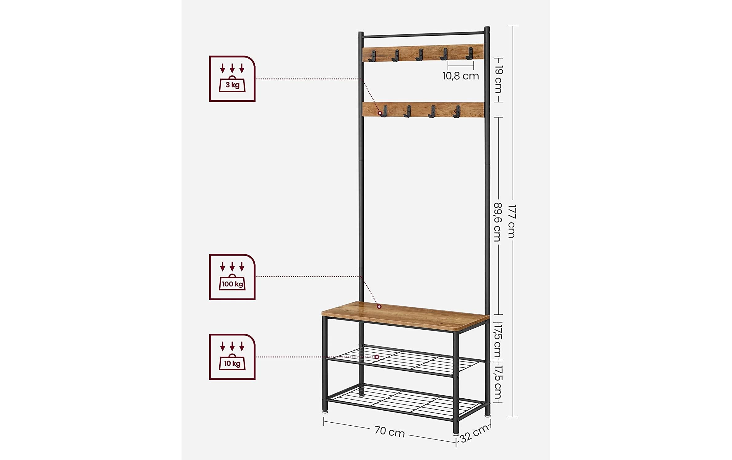 Garderobe mit Schuhregal 32 cm x 175 cm, Braun/SchwarzKleiderständer mit Sitzbank