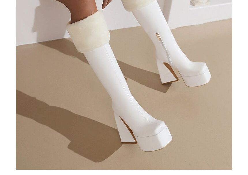 JY Shoes - Platform blokhak vierkante neus fleece afwerking hoge laarzen