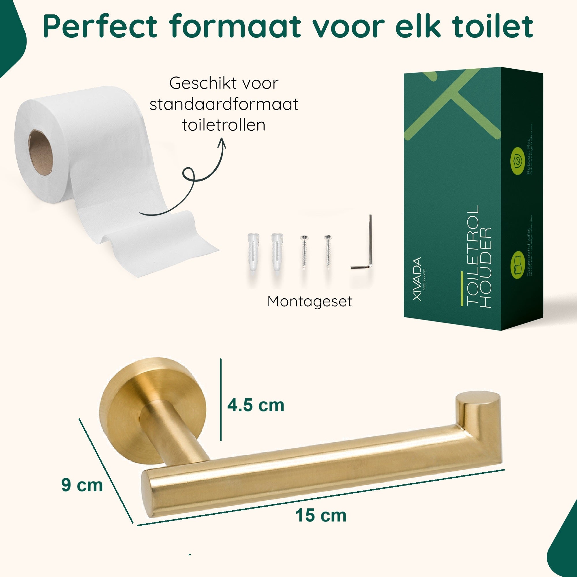 XIVADA Toiletrolhouder Mano - Inclusief schroefset - Rvs - Goud