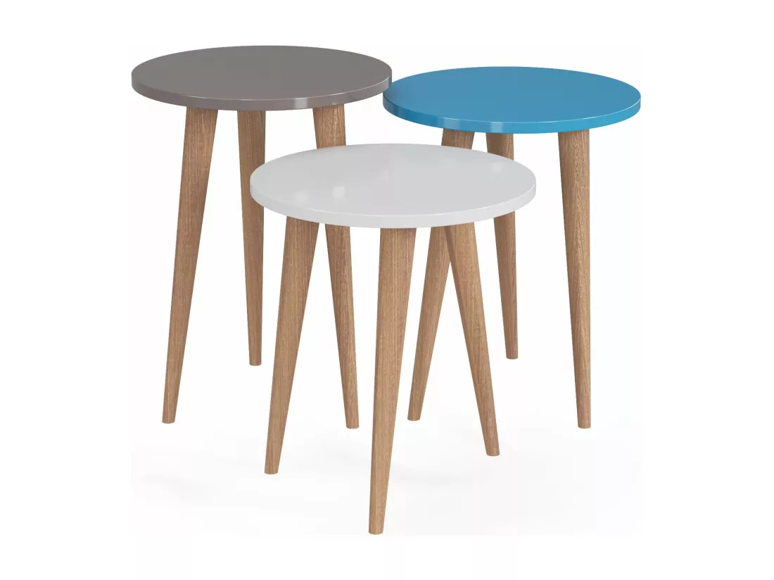 Tables gigognes, set de 3, le pied en bois, colorés (Teak, Créme et Turquoise)