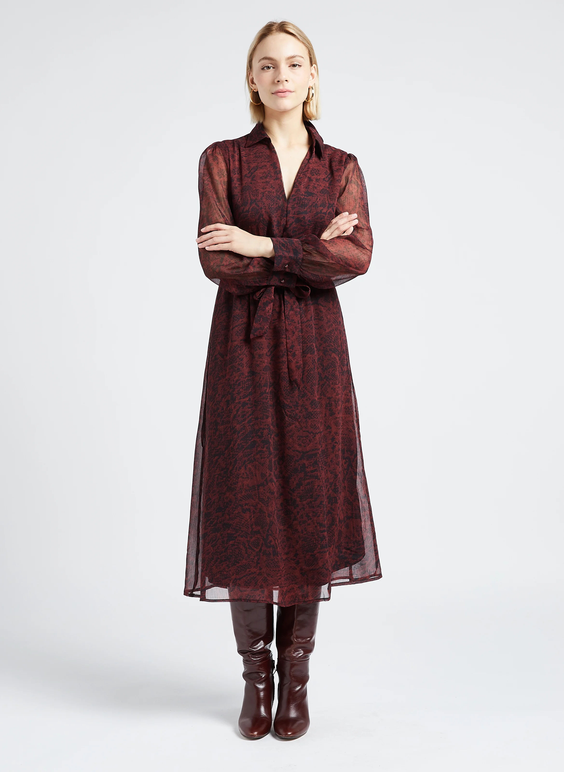 LORETTE - Robe mi-longue col italien imprimée | Violet