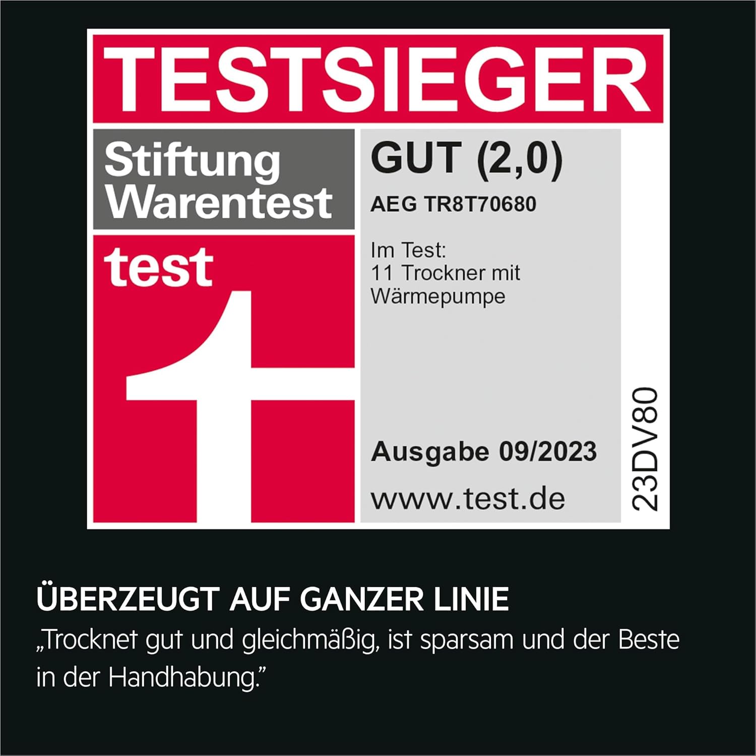 AEG Wärmepumpentrockner 8 kg, Serie 8000: AbsoluteCare Wolle- und Seidetrocknung, Testsieger der Stiftung Warentest, Energiekl. C, Energiesparend, Trommelbeleuchtung, Knitterschutz, TR8T70680