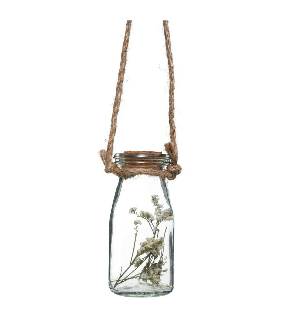 Suspension en bois et corde 4 fleurs séchées dans 4 vases en verre