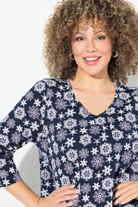 Shirt, Schneeflocken, A-Linie, V-Ausschnitt, 3/4-Arm