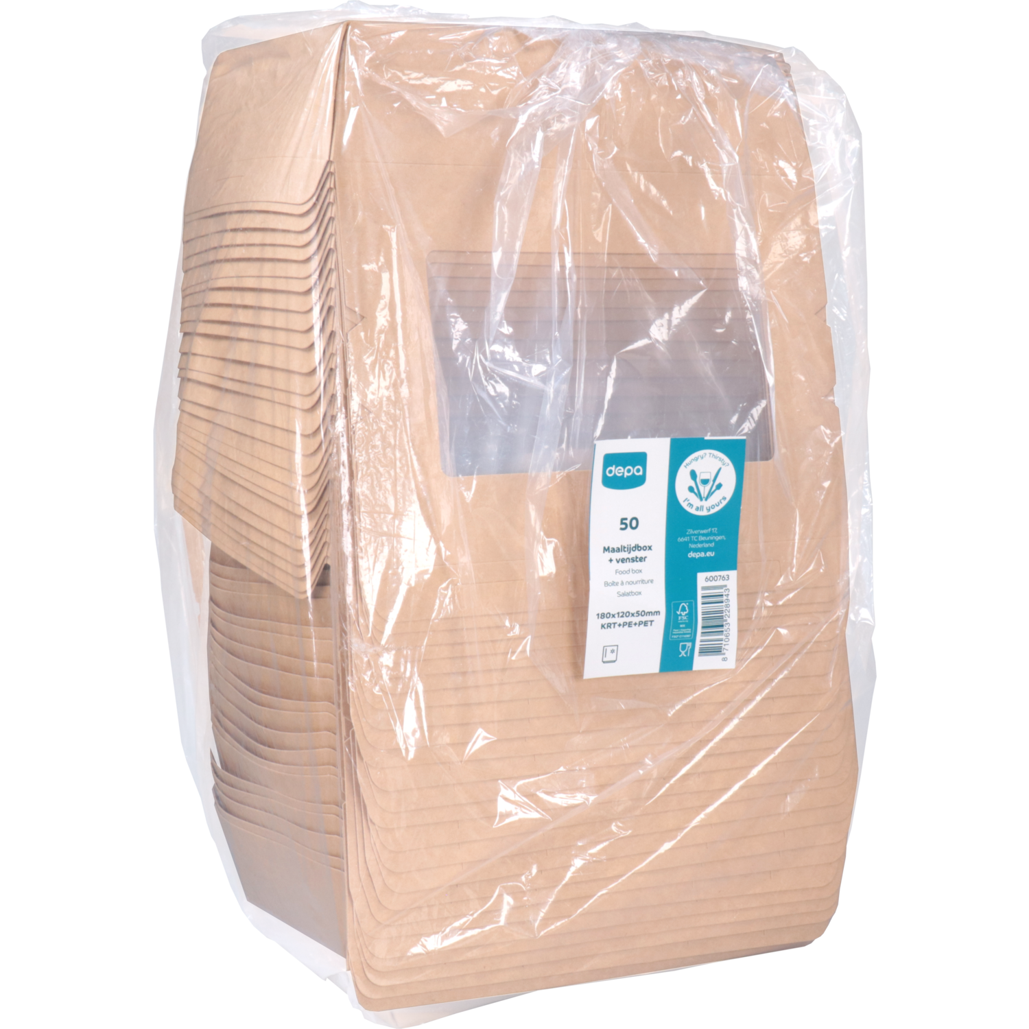 Depa Bak, Karton + PE + PET-coating, met venster, maaltijdbox, 180x120x50mm, bruin