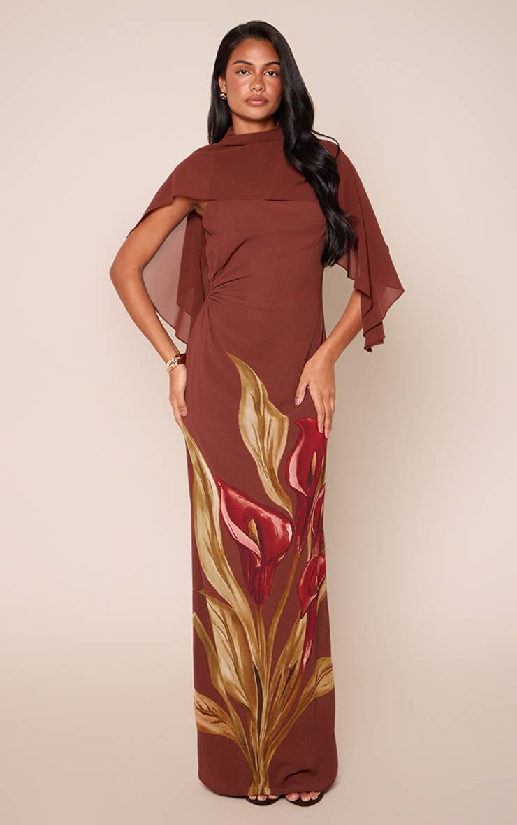 Marron Robe Longue Maxi À Superposition Cape En Mousseline Imprimé Fleuri