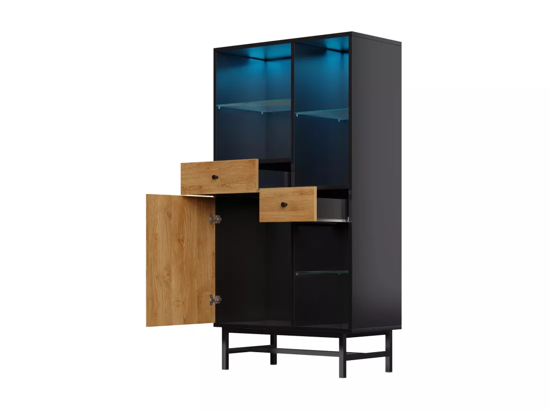 Buffet haut avec LED - 1 porte + 2 tiroirs + 6 compartimentd - Naturel + Noir