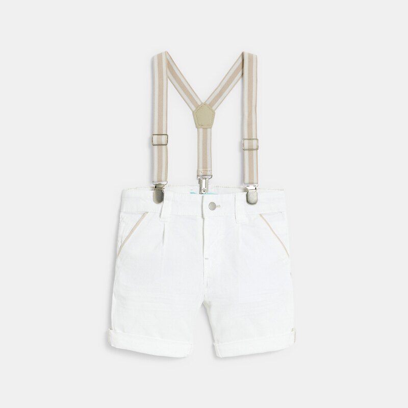 Bermuda à pinces en coton fantaisie et bretelles blanc bébé garçon Blanc