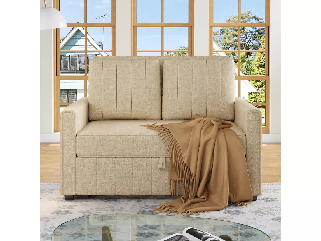 Canapé convertible 2 places, Canapé-lit pliant en tissu lin - 127 x 75/180 x 94 cm - avec fonction sommeil et dossier réglable - Beige