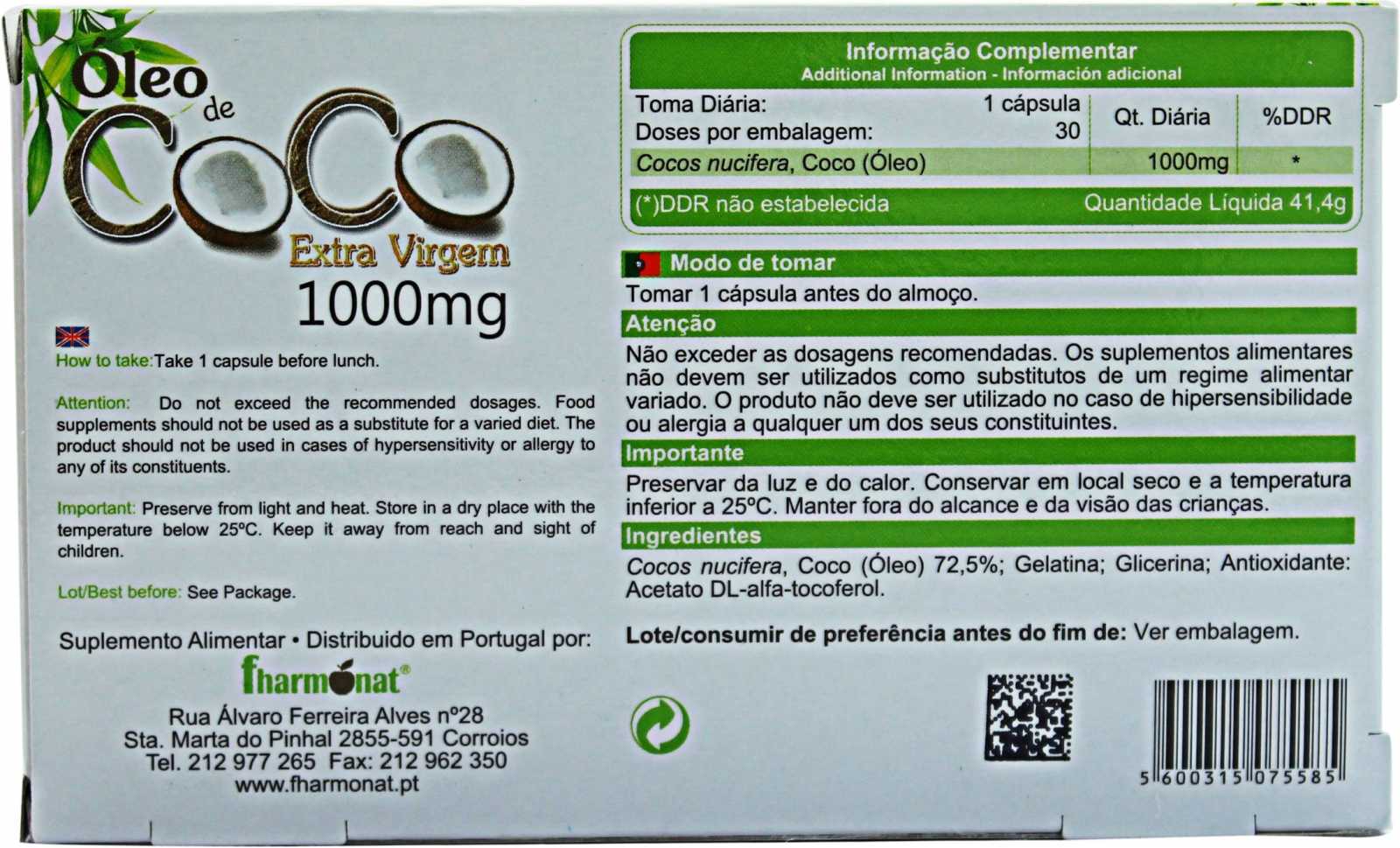Óleo de Coco Extra Virgem Fharmonat 30 cápsulas