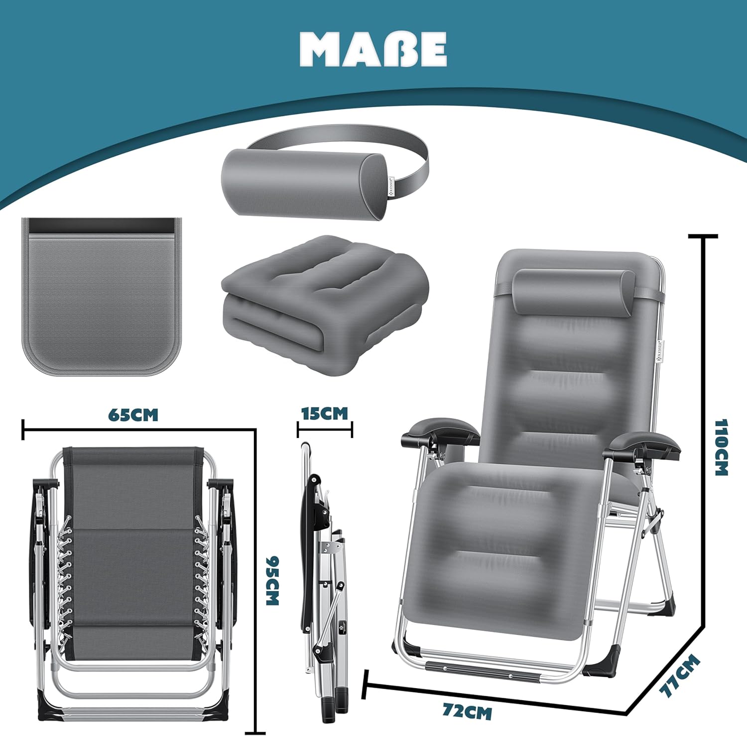 KESSER® Sonnenliege Liegestuhl,Gartenliege extra breit & Wetterfest,Belastbar 200kg,Ergonomisches Polster verstellbare Rückenlehne inkl. Nackenkissen Getränkehalter Armpolster & Seitentasche Grau