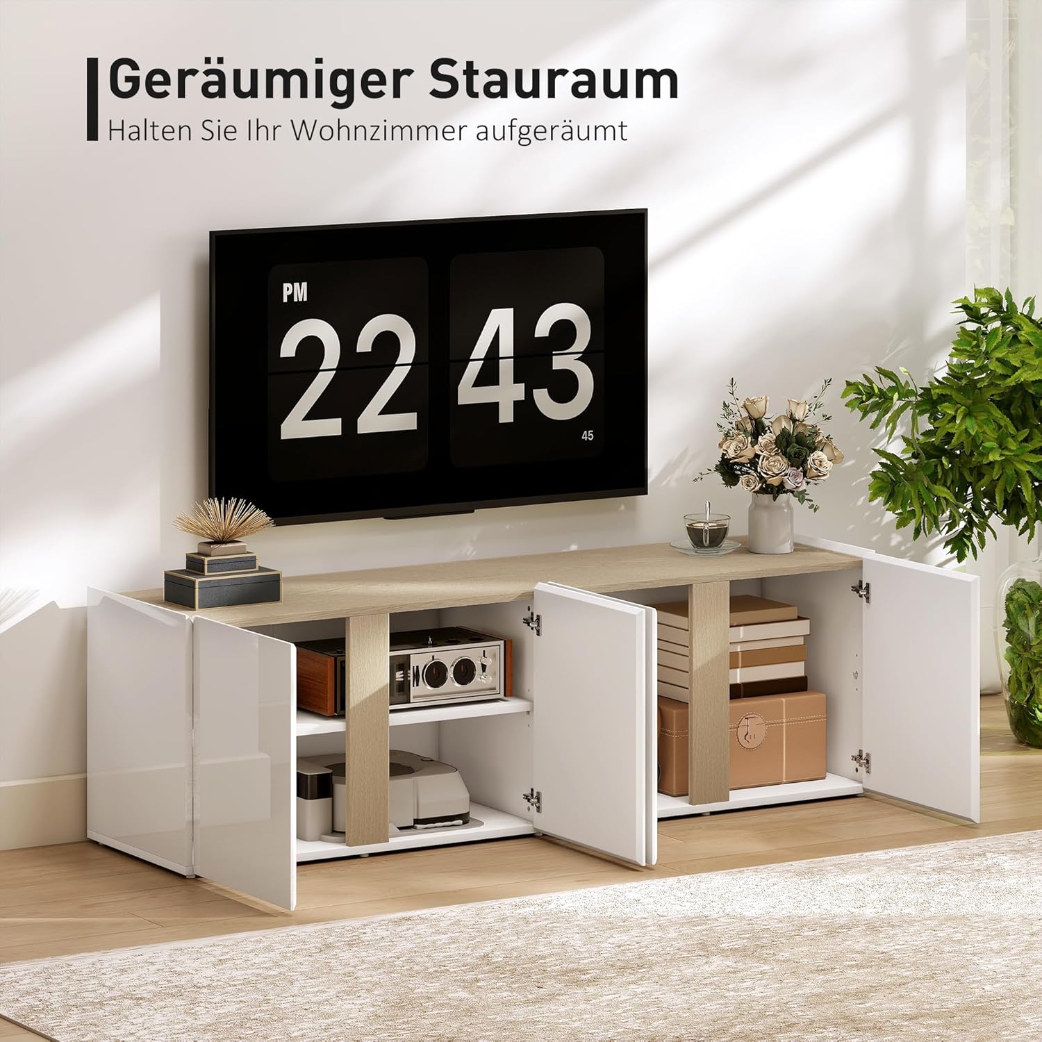 HOMCOM TV Schrank Lowboard für Fernseher bis zu 65 Zoll, 135 cm lang Hochglanz Fernsehtisch mit Verstellbaren Ablagen, Kabelmanagement, 4 Soft-Close-Türen für Wohnzimmer Weiß