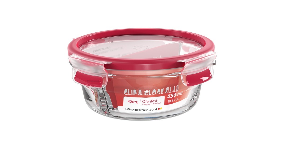 EmsaClip &Close Glazen vershoudbakje  0,55L  doos  (Transparant/rood, rond, Ø 16,7cm, met scheidingswand)