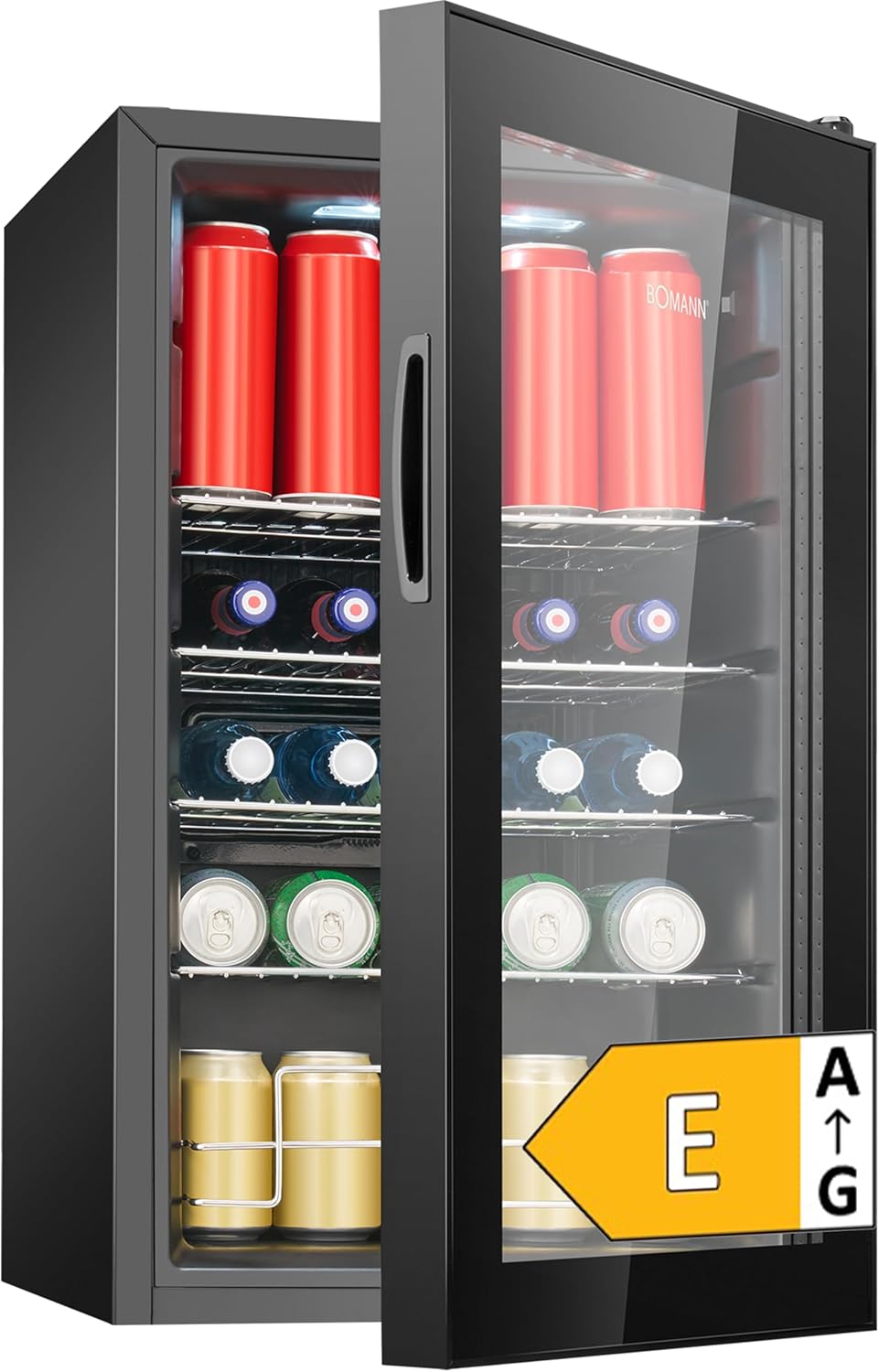 Bomann® Kühlschrank mit Glastür – Flaschenkühlschrank 63 L | Platz für bis zu 89 Dosen (0,33 l) | Getränkekühlschrank für Bier, Party & Büro | 74 cm | LED-Beleuchtung | leise | 4 Ablagen | KSG 7515