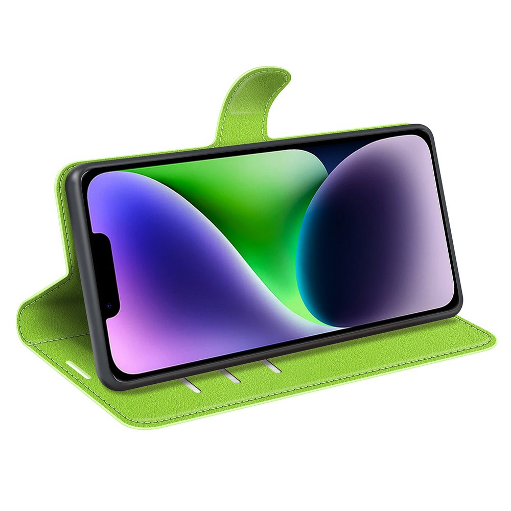 iPhone 15 Leder Tasche Flip Cover Litchi Look - Grün