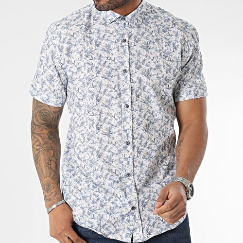 Chemise Manches Courtes Blanc Bleu Clair Floral