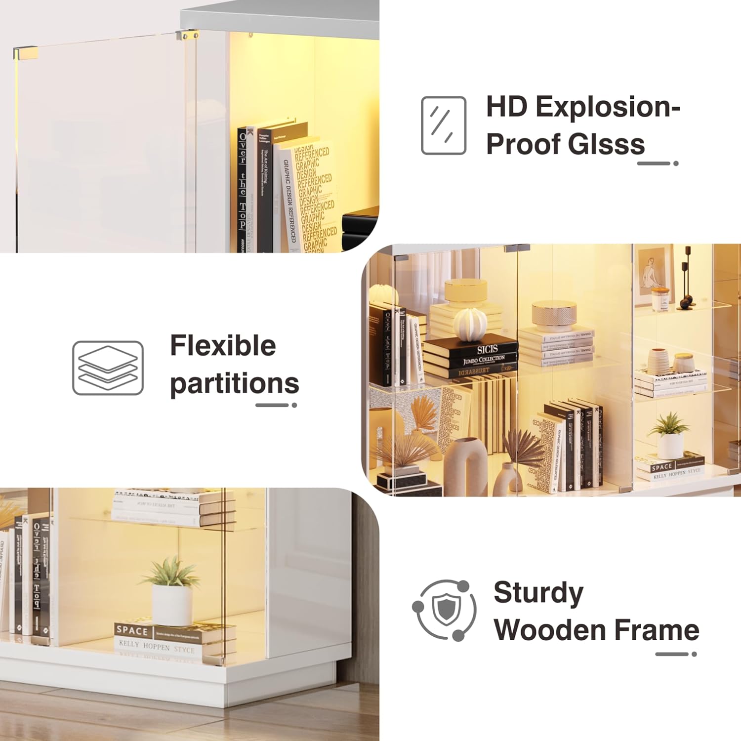 Lvifur Glasvitrine LED Beleuchtung und Glastüren,Glas Vitrinenschrank,Display Cabinet mit Intelligente Sensorik,3-Lagen Holz Vitrine Staubdicht für Wohnzimmer Schlafzimmer Büro,Schwarz