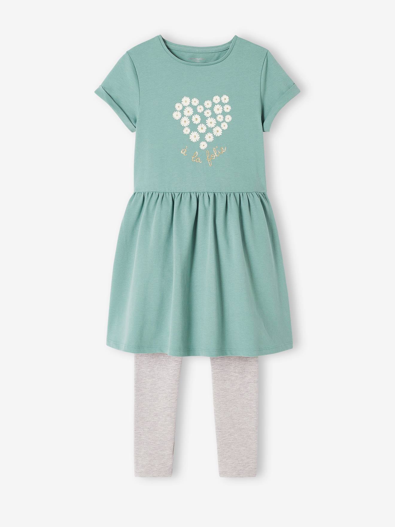 Conjunto de duas peças: vestido e leggings com detalhes iridescentes, para meninas na cor verde esmeralda.