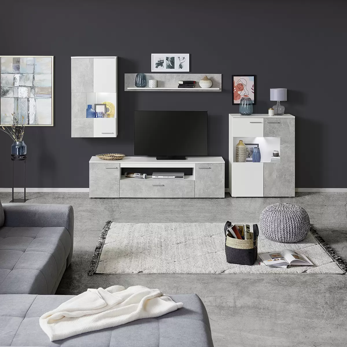 Wohnwand Vulcan weiss,Betonoptik