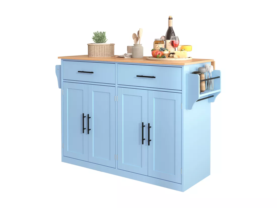 Ilot central de cuisine mobile avec 4 portes et 2 tiroirs - Plateau extensible - 120x46(70)x91 cm - Bois MDF - Bleu et naturel