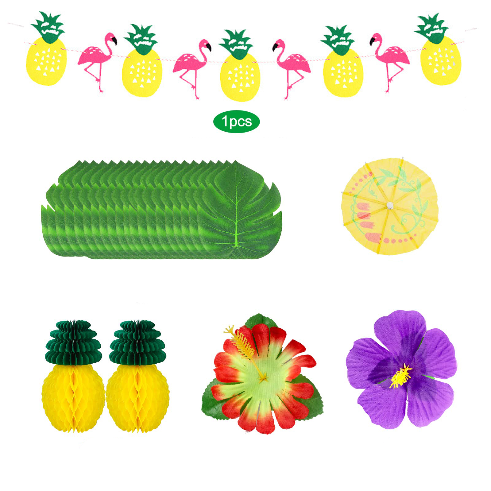 (129-tlg. Set) Sommer Party Dekoration Tischrock / Papier Strohhalme / Girlande / Fruchtspiesse / Pompon's / Cocktail Schirmchen - Tropical Hawaii