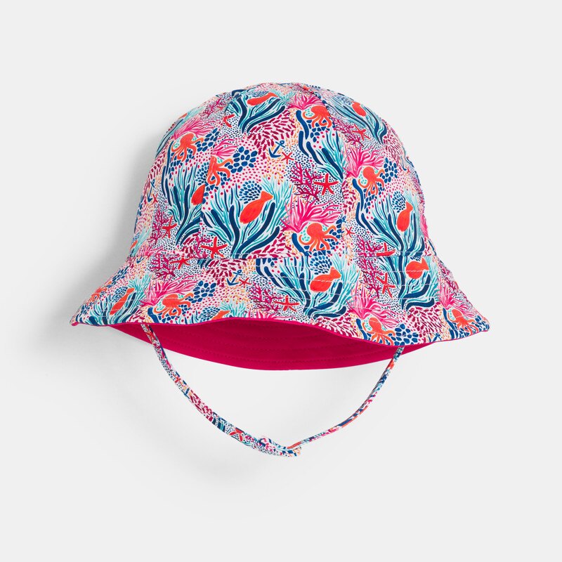 Chapeau de soleil réversible fonds marins rose bébé fille Gris ou noir
