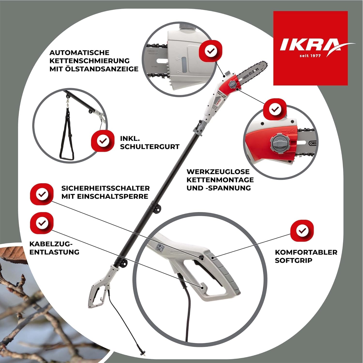 IKRA Elektro Teleskop Entaster IEAS 750, Arbeitshöhe 4m, 750 W, inkl. 2x Sägeketten & Schultergurt