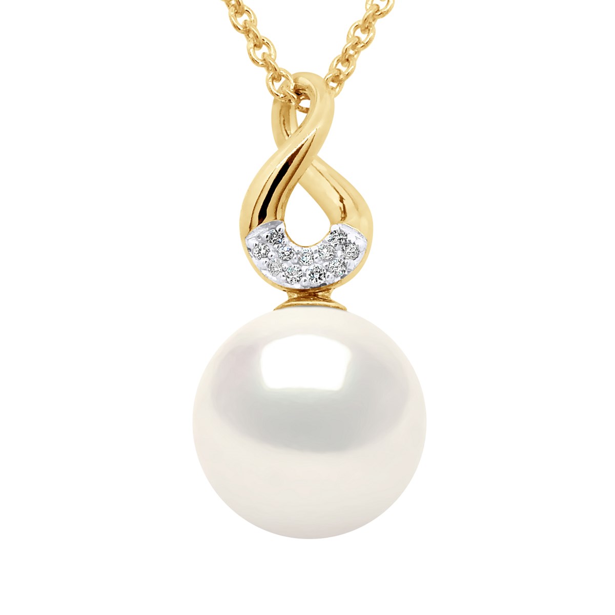 Pendentif HUIT - Diamants 0,11 Cts - Véritable Perle de Culture d'Eau Douce Ronde 9-10 mm - Or Jaune
