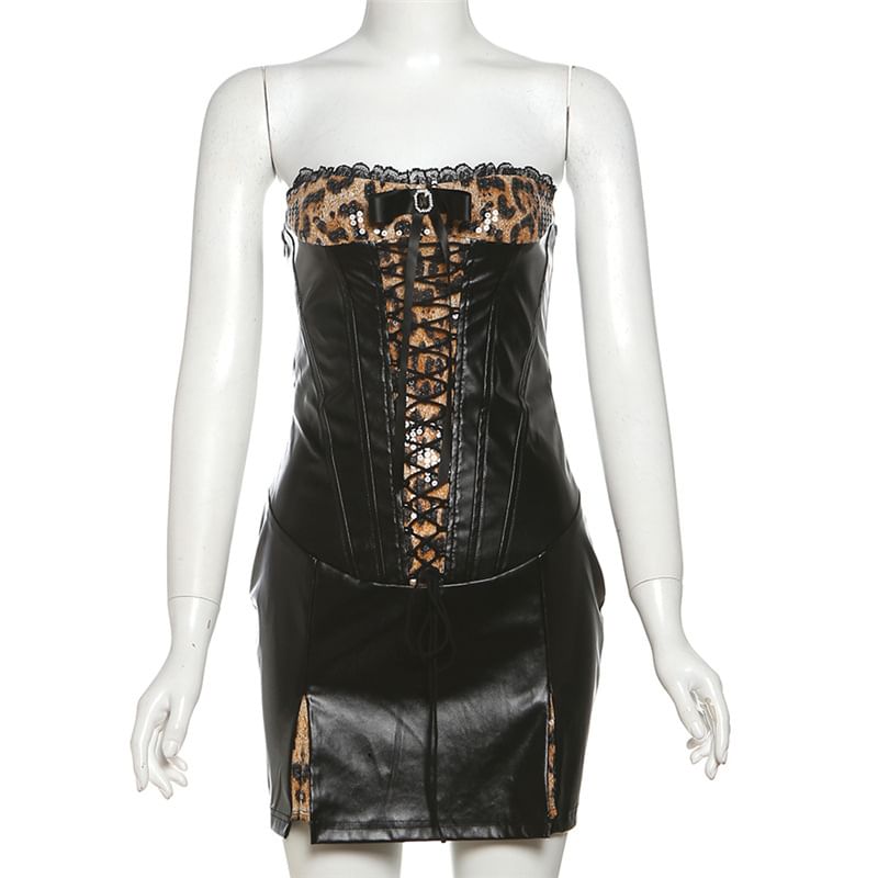 Sugarcoat - Strapless, effen, luipaardprint, vetersluiting, mini-bodyconjurk