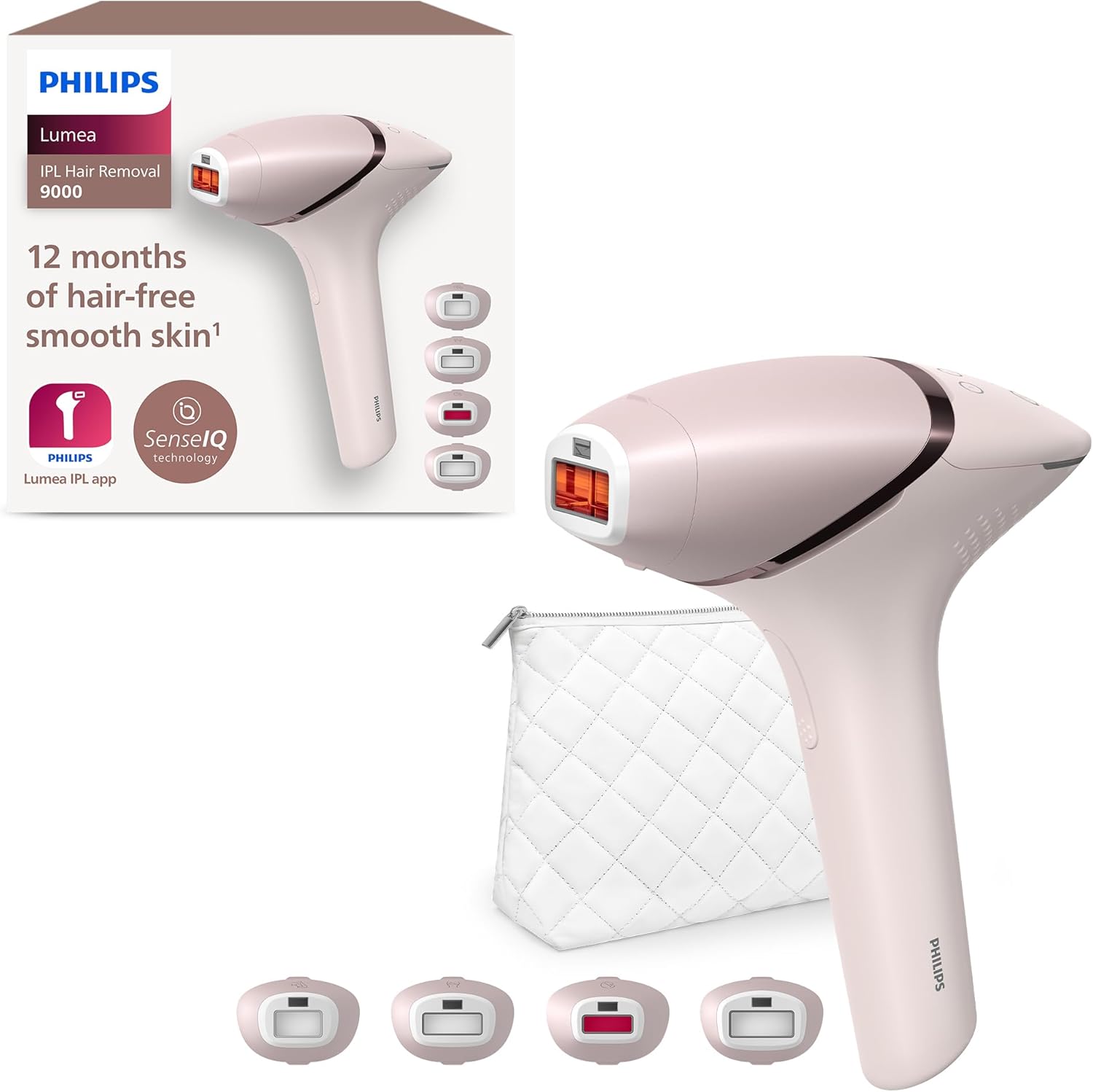 Philips Lumea IPL Haarentfernungsgerät 9000 Series – Haarentfernungsgerät mit SenseIQ Technologie, 4 Aufsätze für Körper, Gesicht, Bikinizone und Achselhöhlen, kabellos (Modell BRI957/00)