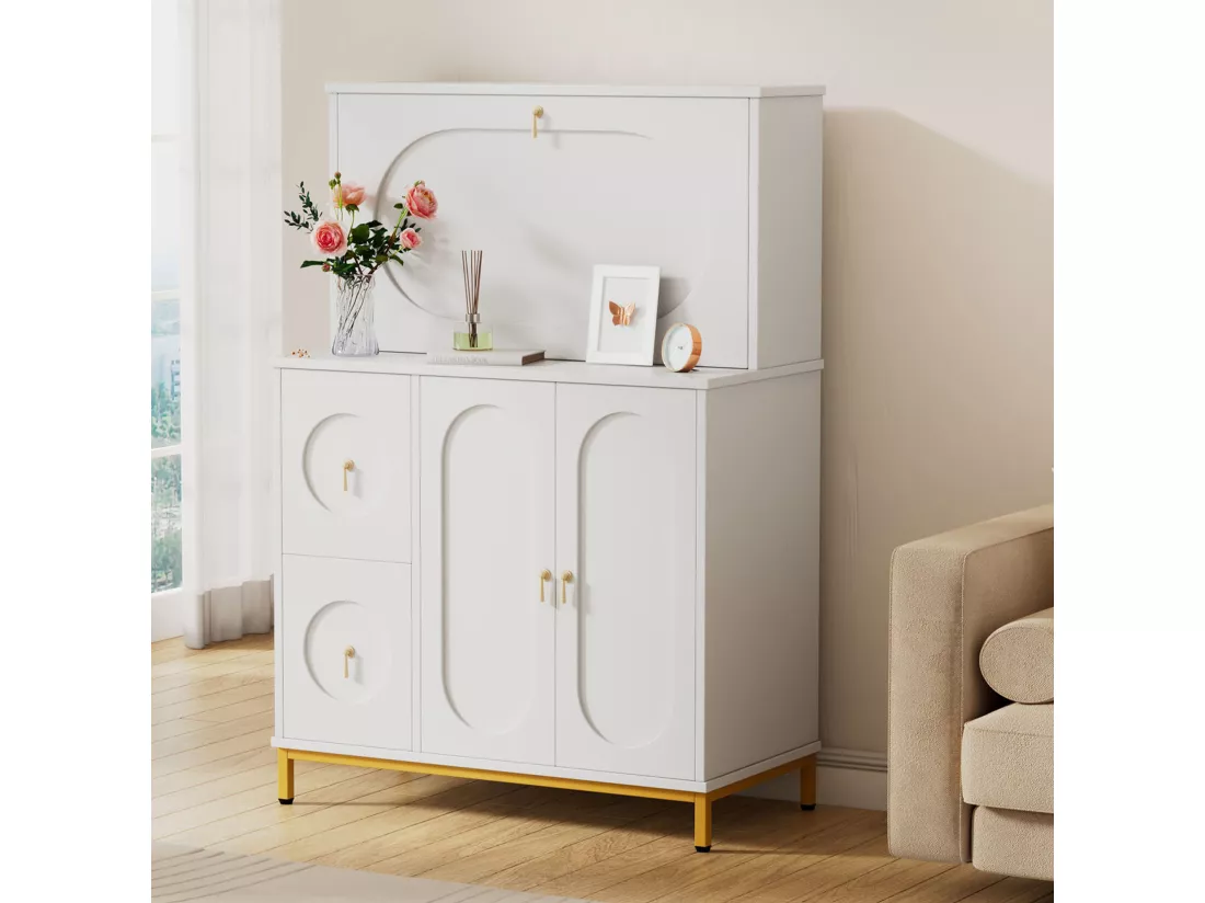 Buffet avec 3 portes et 2 tiroirs, Bureau - 100 x 51 x 150 cm - Bois MDF - Blanc