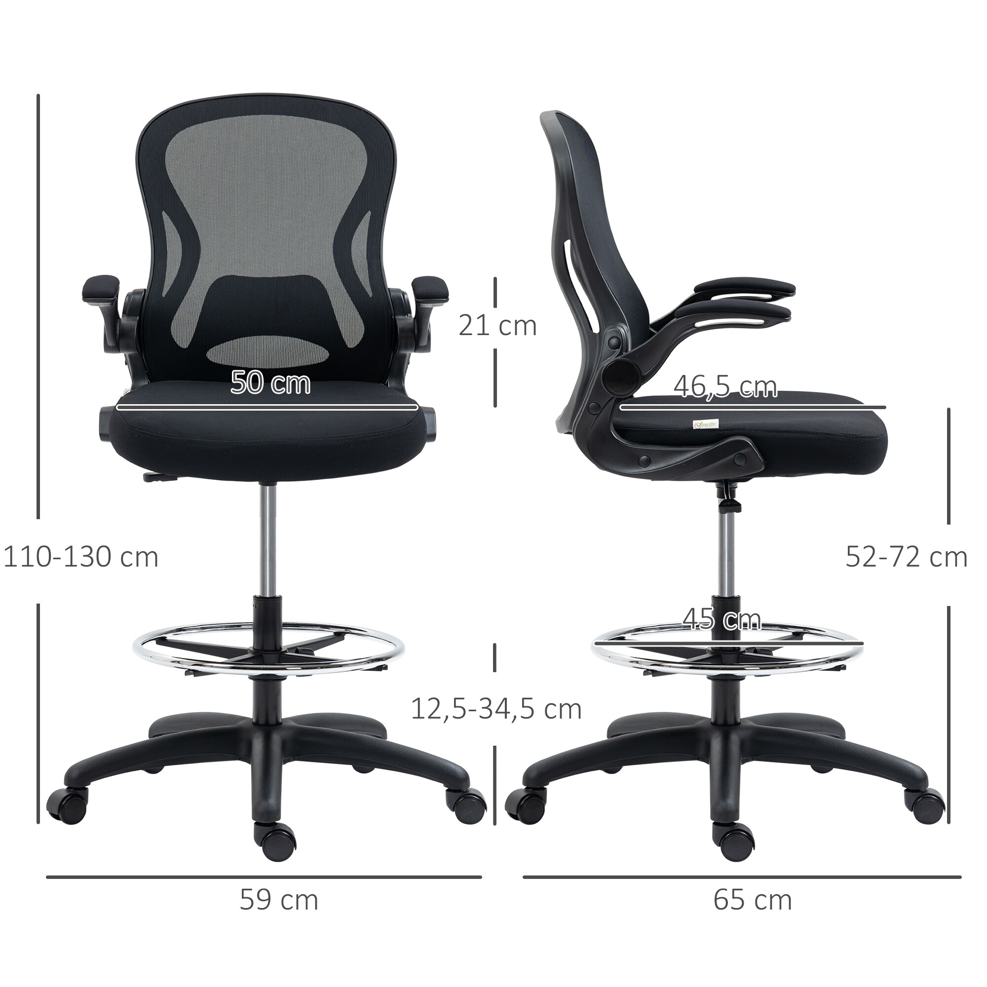 Vinsetto Bürostuhl ideal für Sitz und Stehplätze mit Armlehnen schwarz 59L x 65B x 110-130H cm