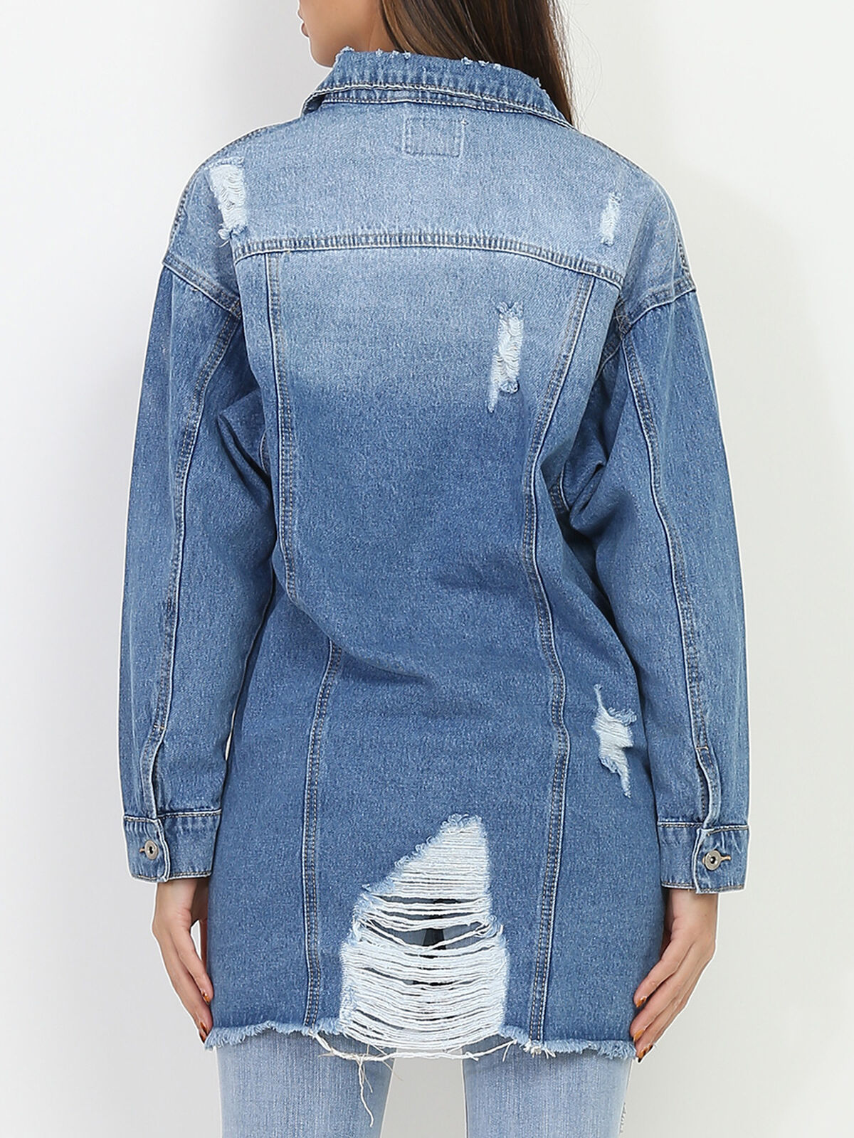 Veste en jeans destroy en délavé- Bleu