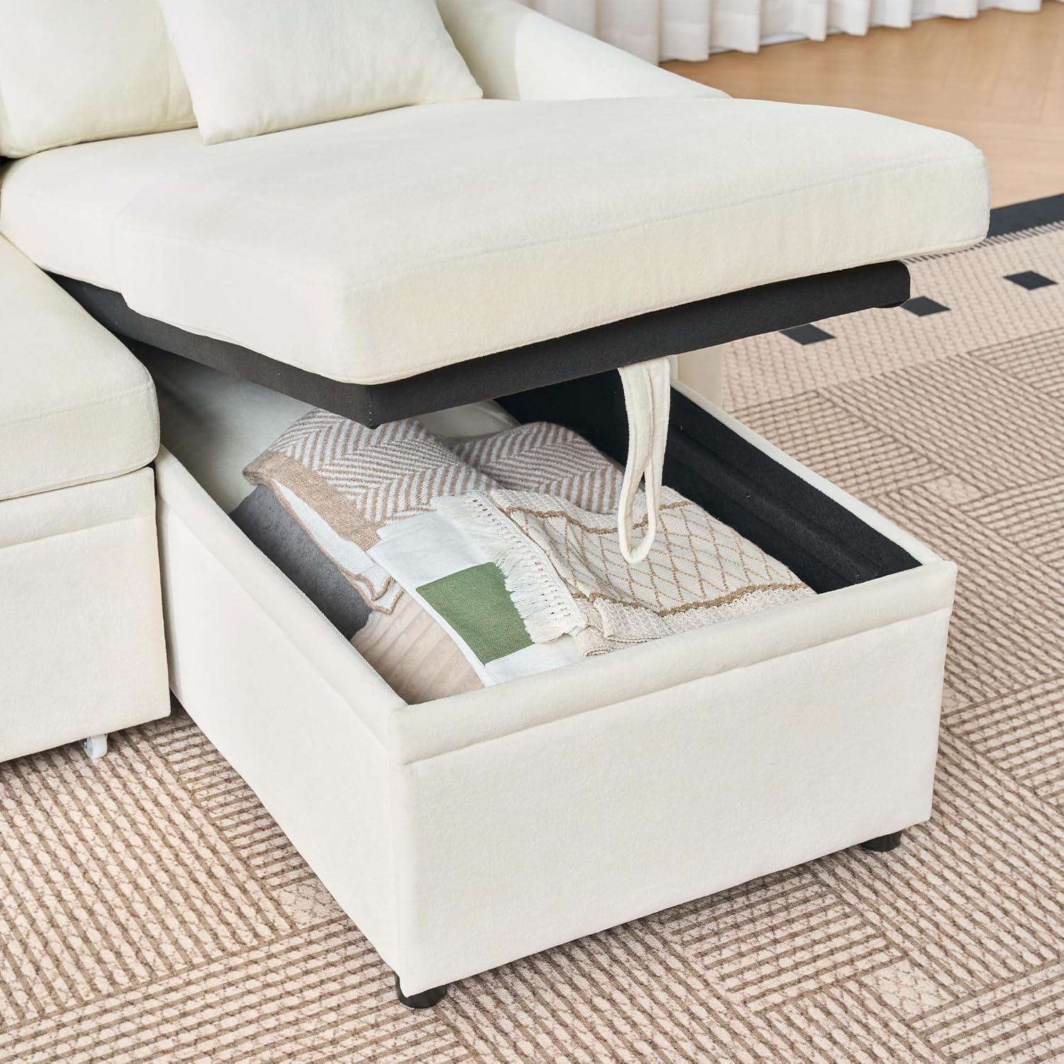 Merax Sofa Ecksofa mit Schlaffunktion, Praktisches Schlafsofa mit Bettkasten, L-Form Schlafcouch mit Stauraum&Seitentaschen, Links und Rechts austauschbar, Chenille, für Wohnzimmer/Schlafzimmer, Beige