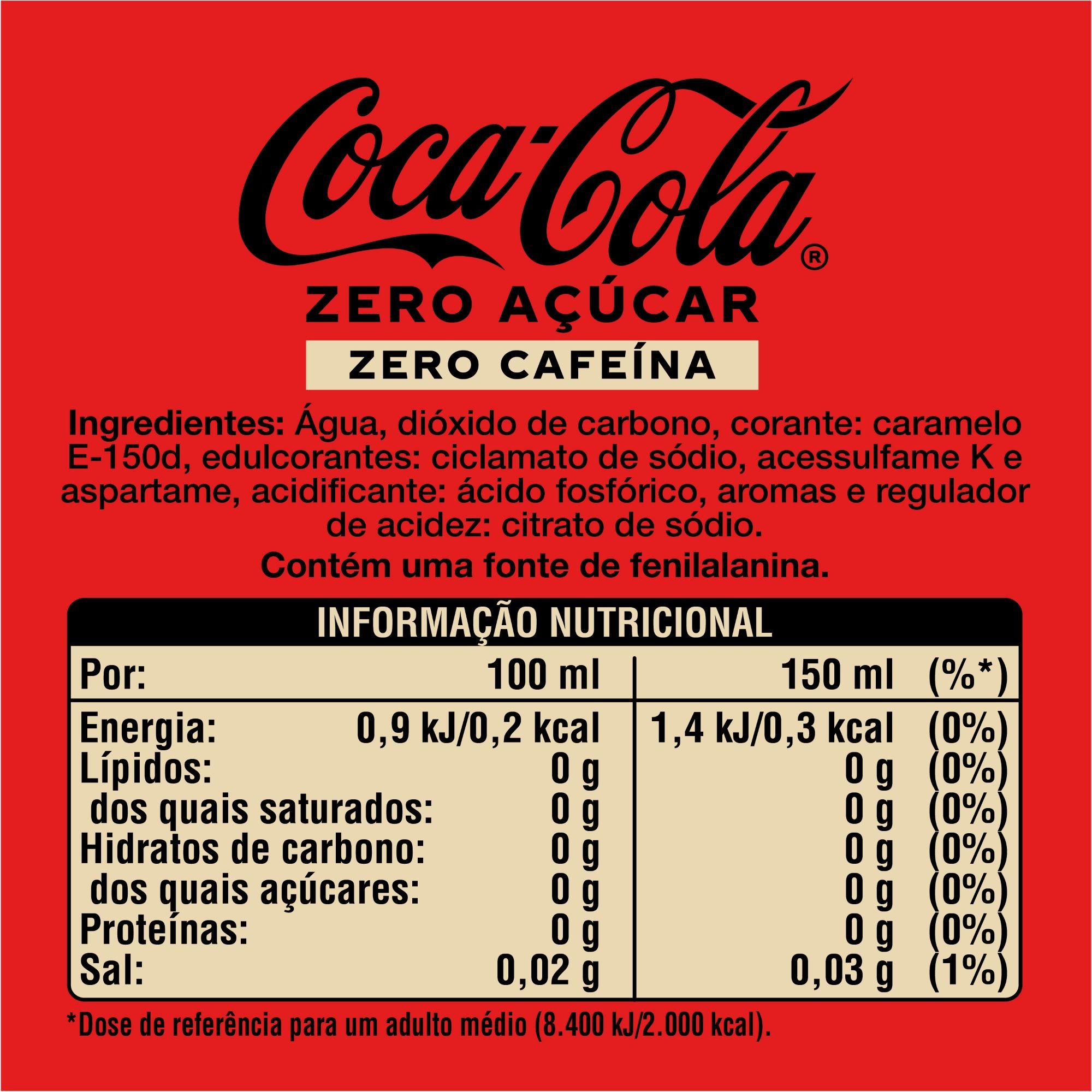 REFRIGERANTE COM GÁS COCA-COLA ZERO CAFEÍNA E ZERO AÇÚCAR 12X0.15L