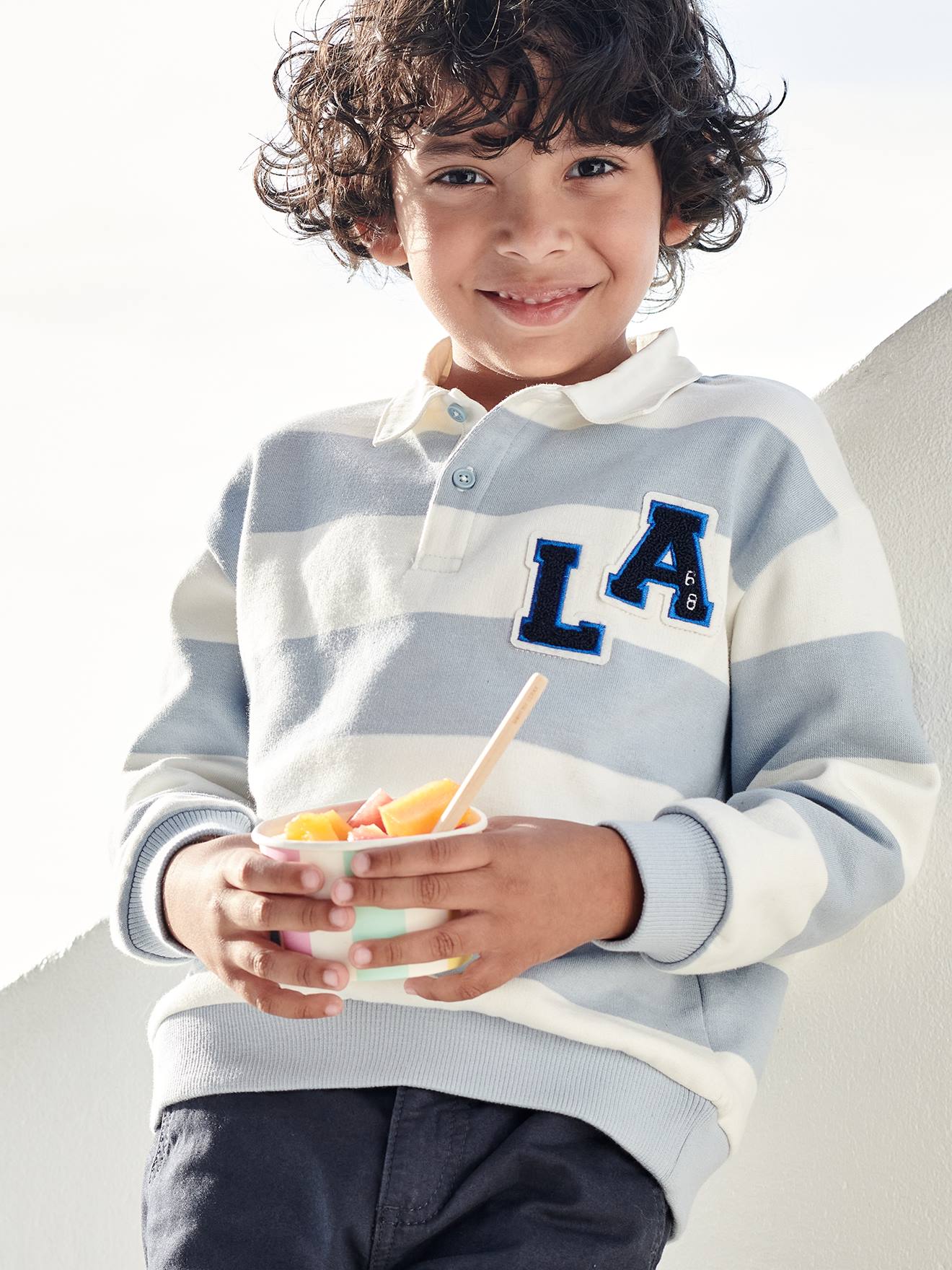 Camisa polo listrada estilo universitário para meninos, listras azuis
