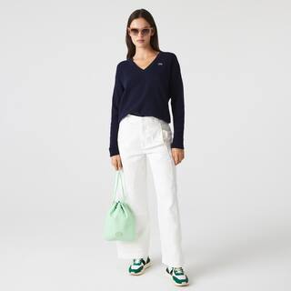 Pull femme Lacoste col en V uni en laine Pullovers - Bleu - Lacoste - Femme