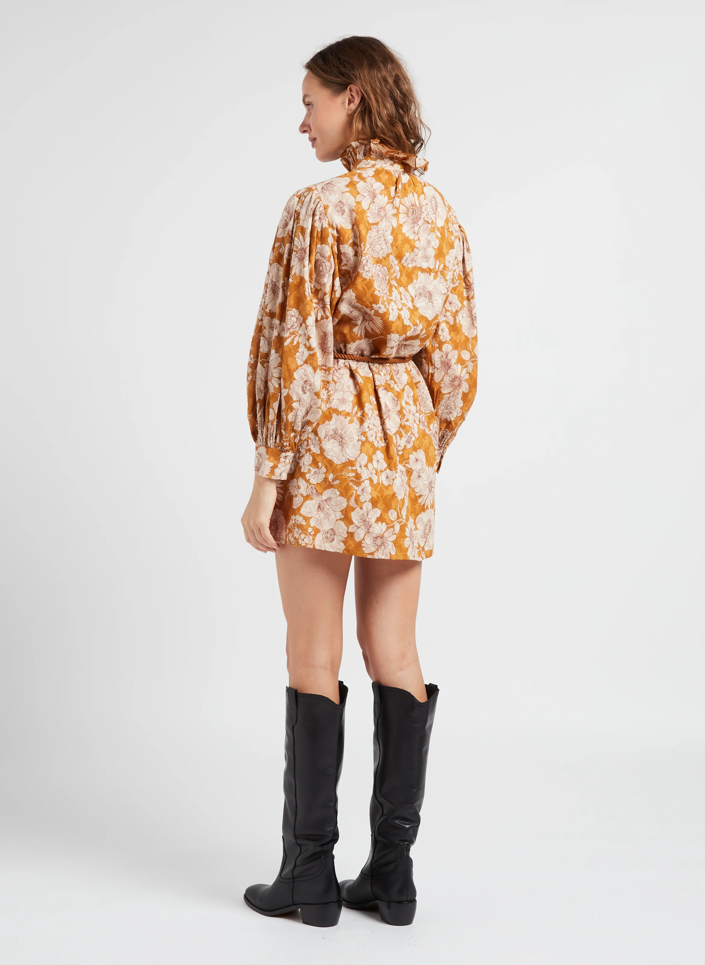 LEONIE - Robe courte col montant imprimée en coton| Beige