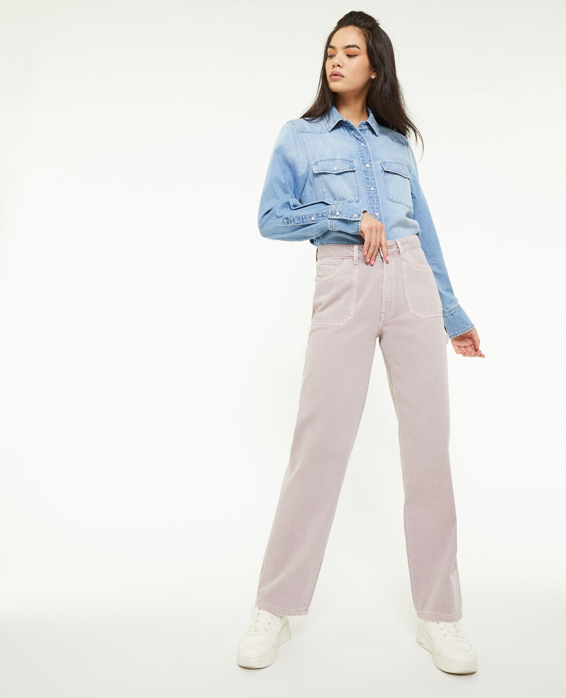 Jean droit taille haute poches devant - Lilas
