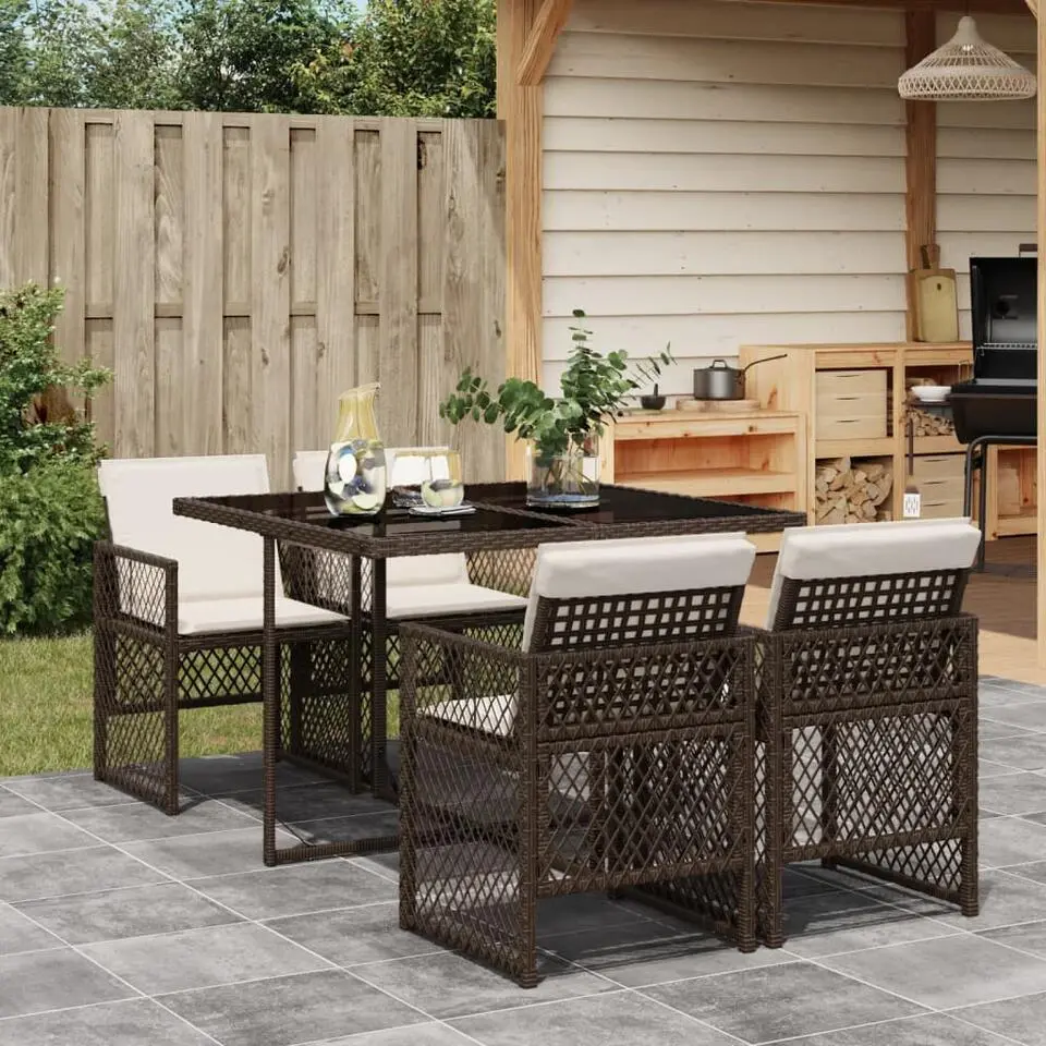 vidaXL - 5-delige Tuinset wit kussens - Bruin - PE rattan en staal - 110x106 cm