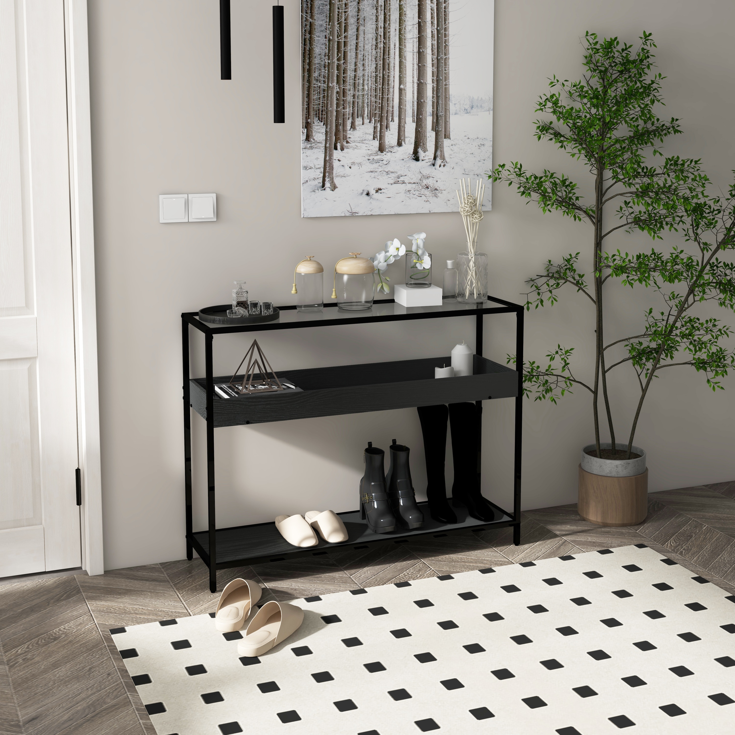 HOMCOM Konsolentisch mit Glasplatte und 2 Ebenen schwarz 100L x 30B x 78H cm