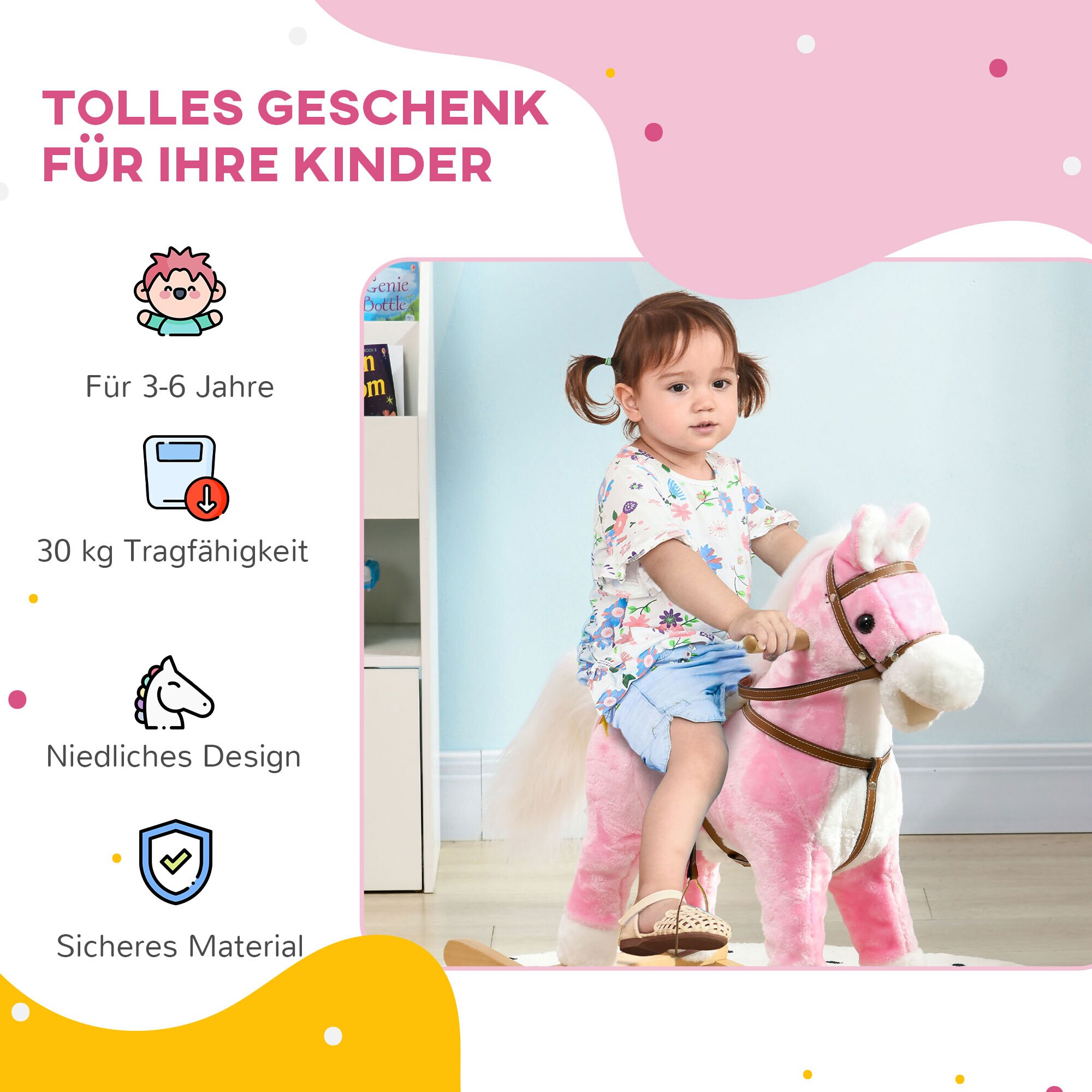 HOMCOM Schaukelpferd mit 3 x AA-Batterien rosa 68L x 26B x 62H cm