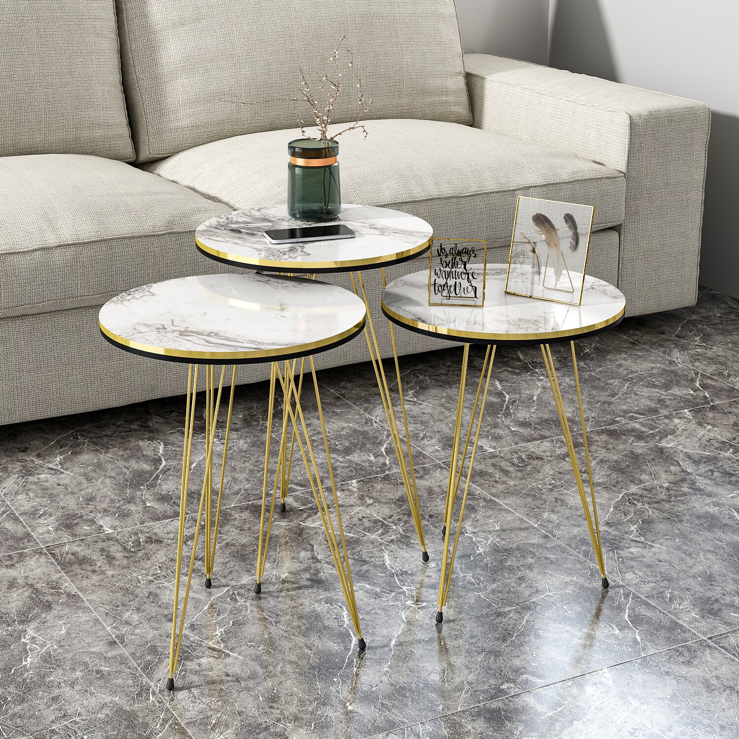 Beistelltisch 3er Set Marmoroptik Weiß 10386191