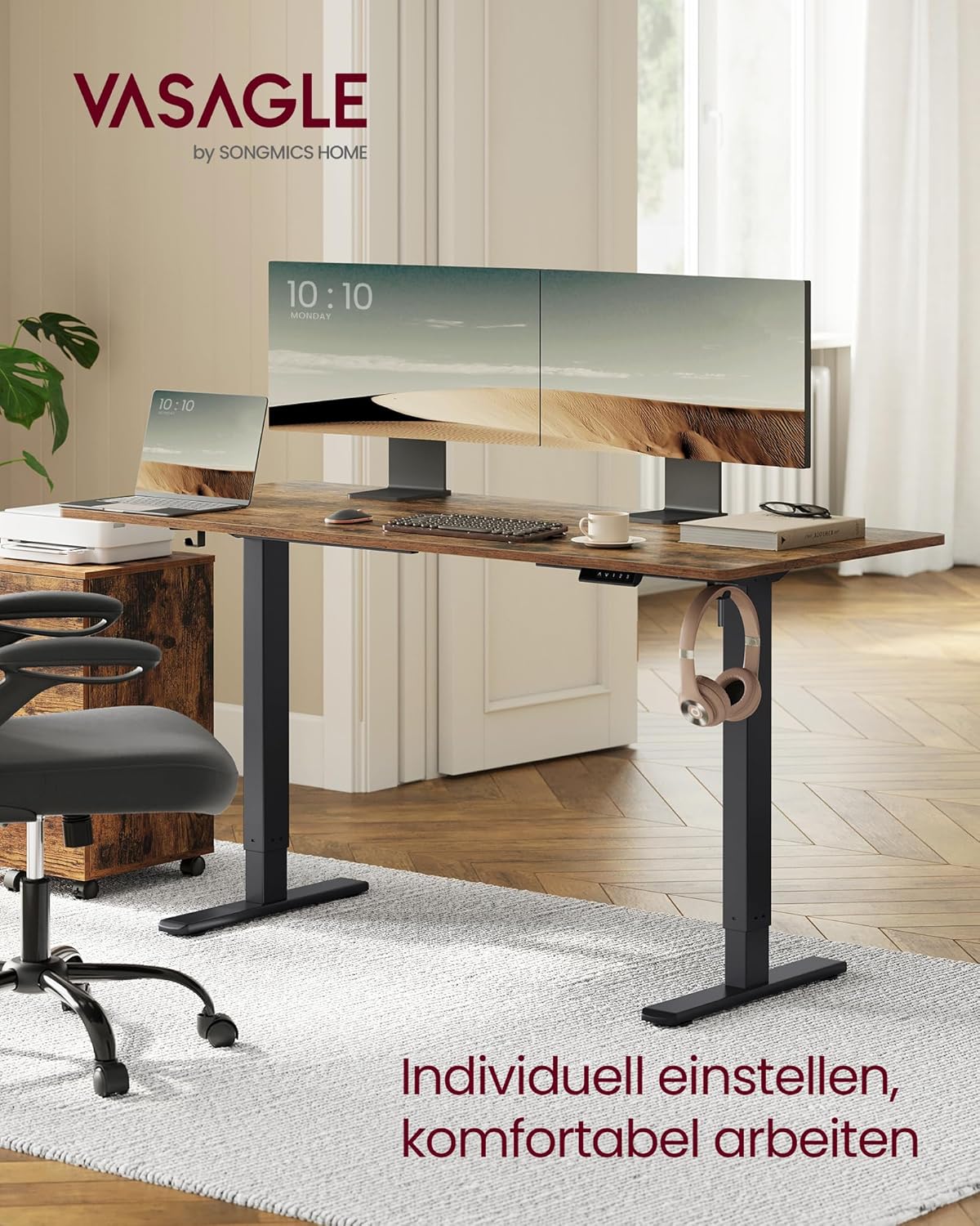 VASAGLE Höhenverstellbarer Schreibtisch elektrisch, 2er Set, Tischgestell, Schreibtischständer, ohne Tischplatte, mit 2 Haken, Memory-Funktion mit 3 Höhen, Stahl, tintenschwarz LSD021B01V2-2J