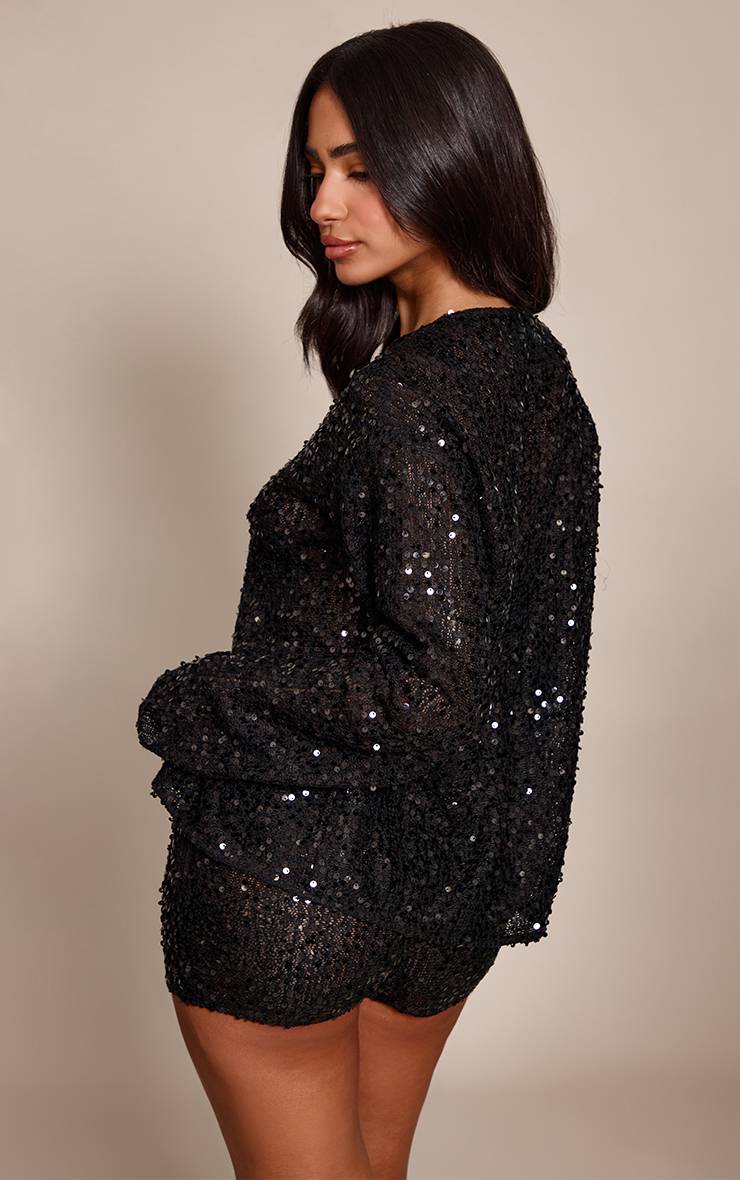 Noir Chemise Boutonnée À Sequins Petite Taille