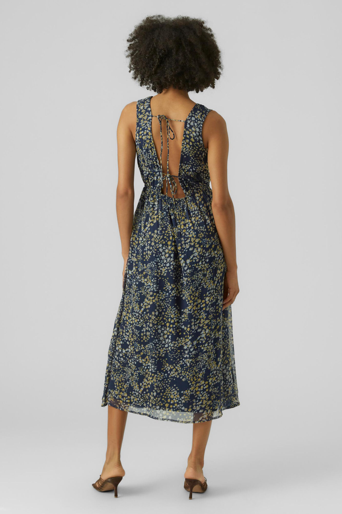 Vestido midi com decote em V - Azul marinho