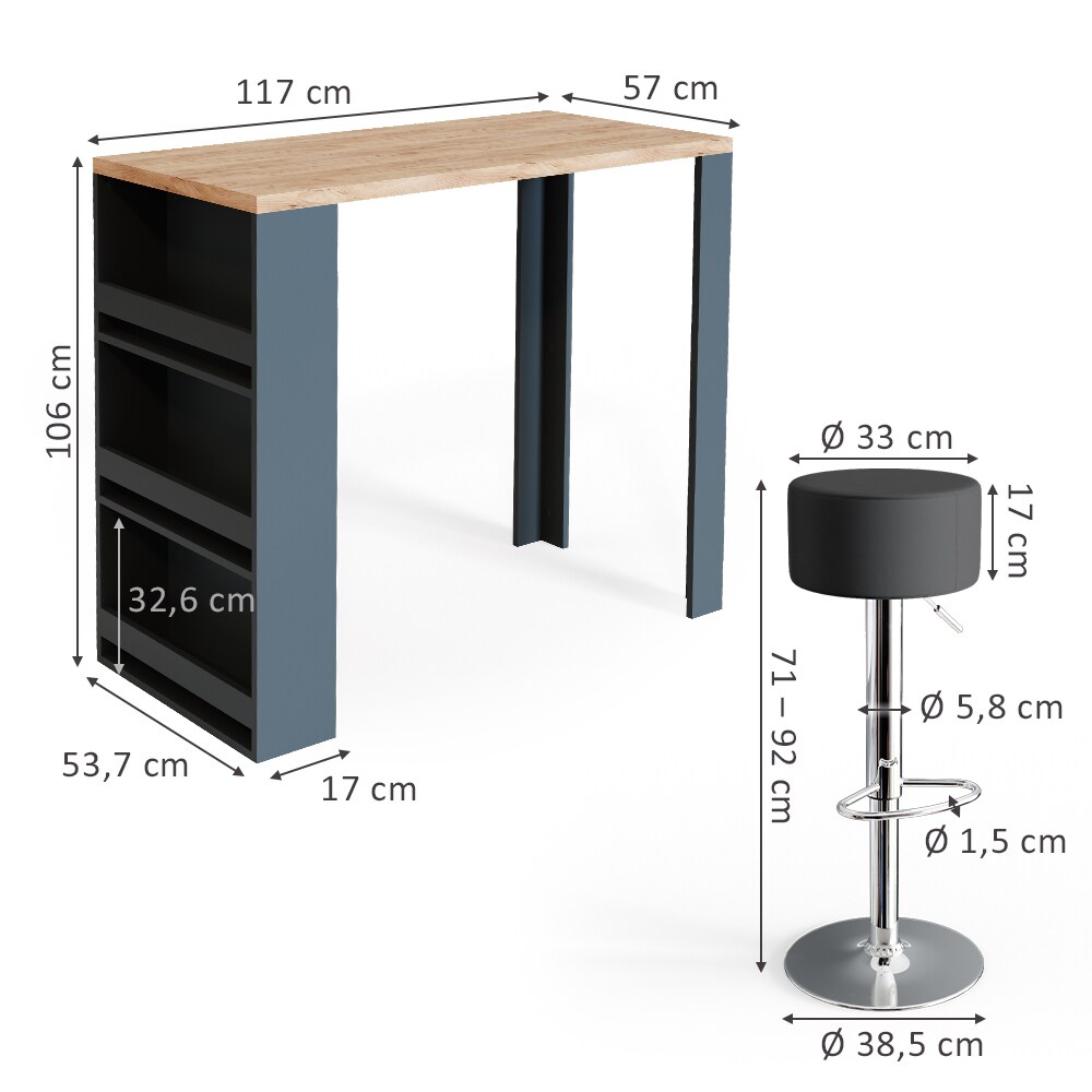 VICCO Bartisch Bartresen Stehtisch Tisch mit Hocker Tresentisch Bistrotisch Eiche Anthrazit