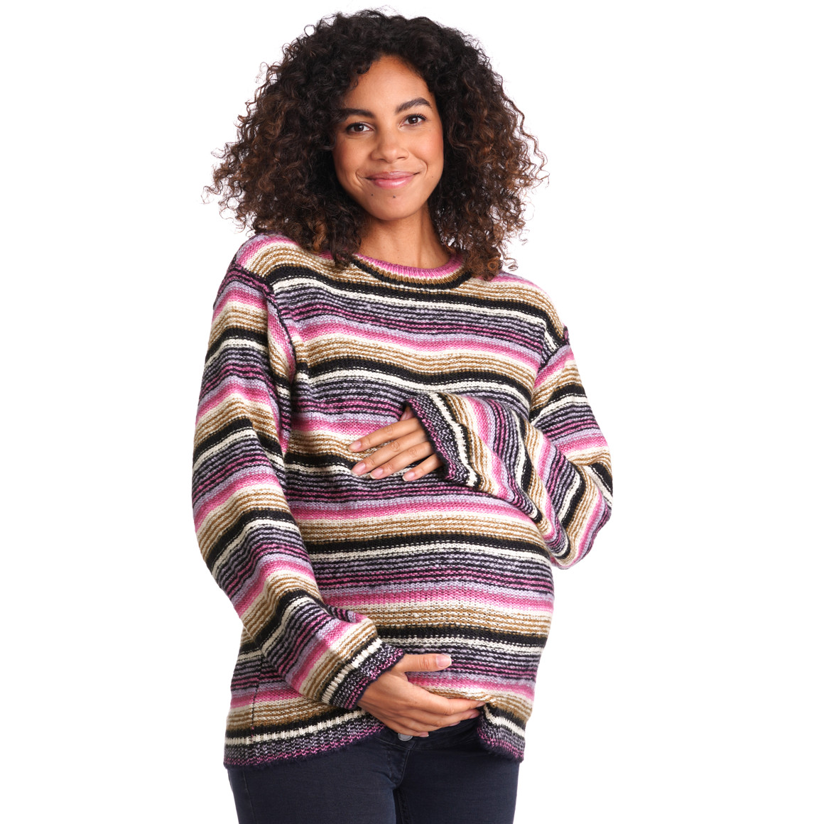 Gina Mama Damen Umstands-Strickpullover mit Streifen beere / dunkelblau / hellbraun