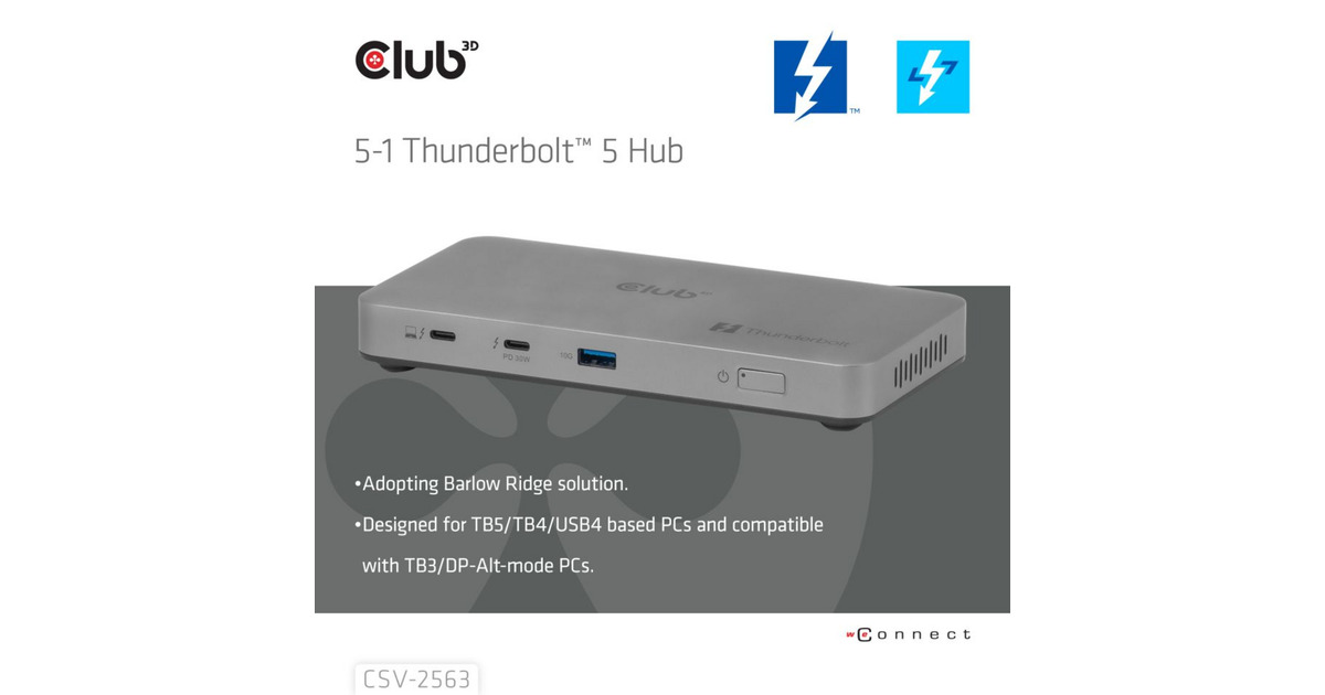 Club 3D5-1 Thunderbolt 5 Hub Triple video dockingstation  (Grijs)